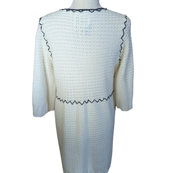 Y2K Cream Cardigan Knit Long Duster Bohemian Black Trim Funky Large Buttons Sz L - Picture 3 of 11